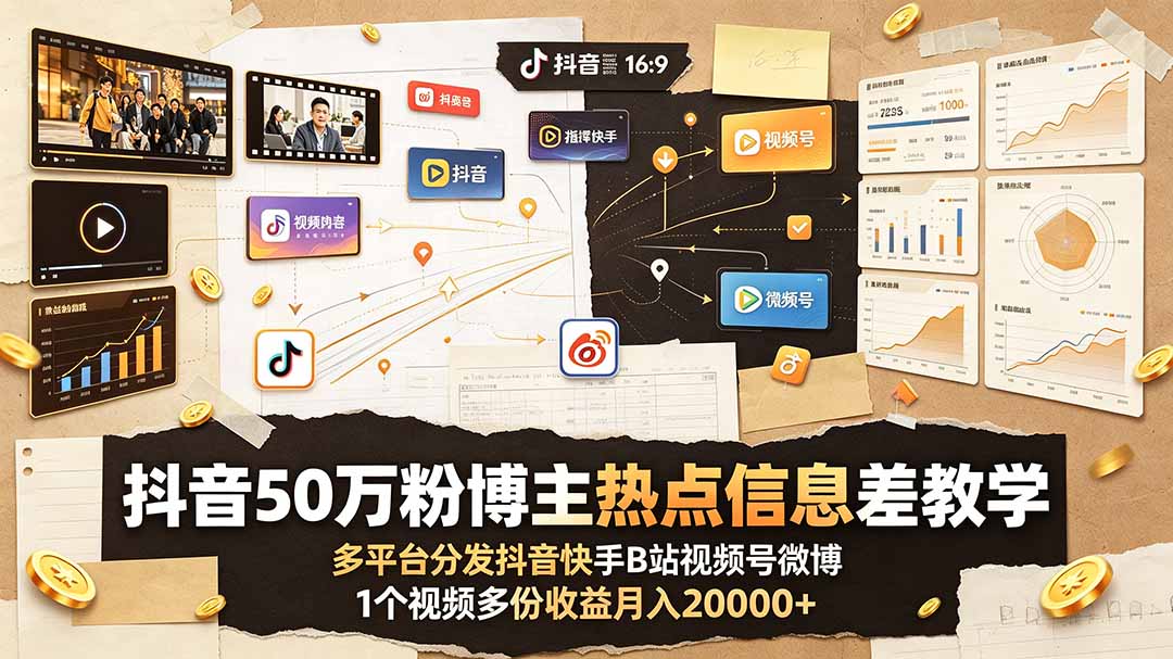 抖音50万粉博主热点信息差教学：多平台分发抖音快手B站视频号微博，1个视频多份收益月入20000+-钱途社