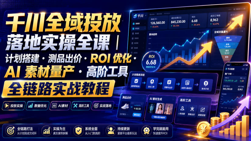 千川全域投放落地实操全课｜计划搭建・测品出价・ROI优化・AI素材量产・高阶工具全链路实战教程-钱途社
