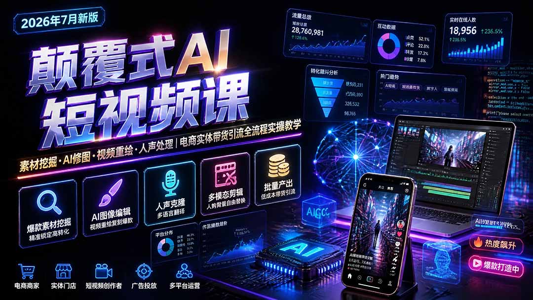 颠覆式AI短视频课｜素材挖掘，AI修图，视频重绘，人声处理｜电商实体带货引流全流程实操教学-钱途社