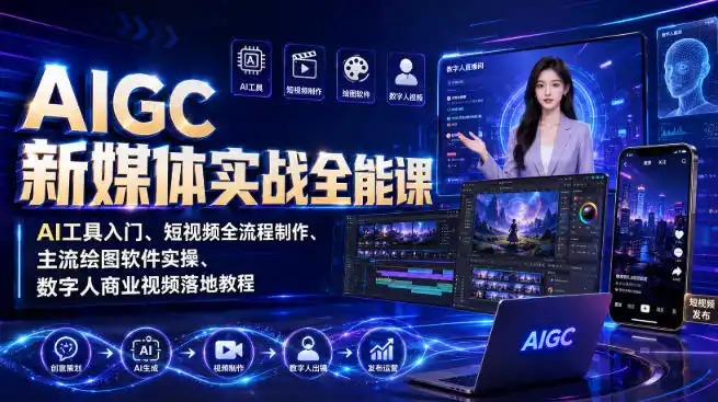 AIGC新媒体实战全能课｜AI工具入门、短视频全流程制作、主流绘图软件实操、数字人商业视频落地教程-钱途社