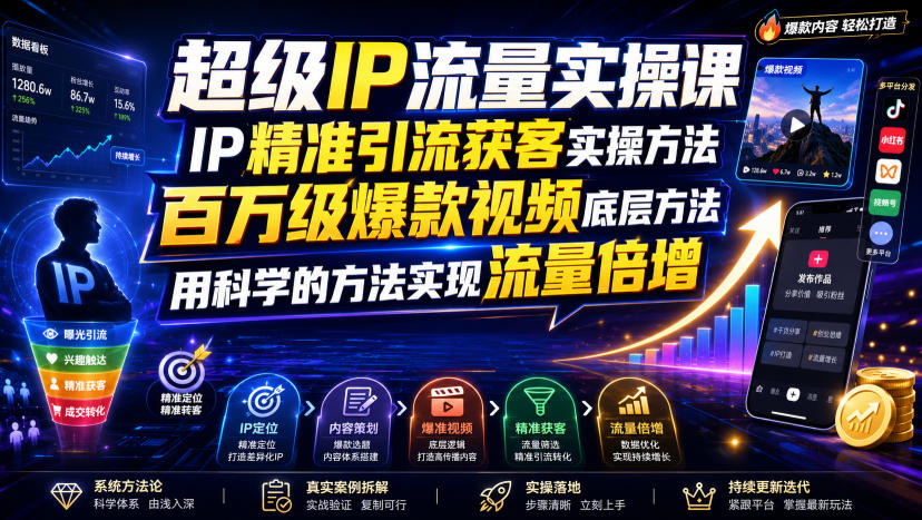 超级IP流量实操课，IP精准引流获客实操方法，百万级爆款视频底层方法，用科学的方法实现流量倍增-钱途社