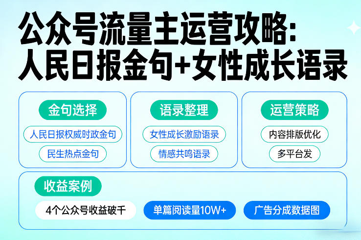 利用人民日报金句+女性成长语录做公众号流量主，4个公众号收益破千-钱途社