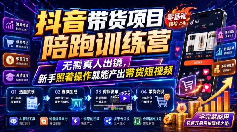 抖音带货项目陪跑训练营，无需真人出镜，新手照着操作就能产出带货短视频(更新0811)-钱途社