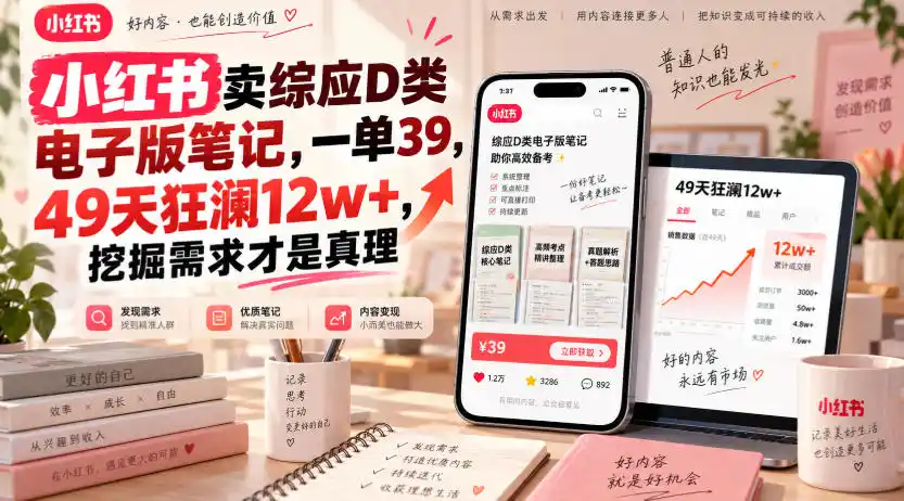小红书卖综应D类电子版笔记，一单39，49天狂澜12w+，挖掘需求才是真理-钱途社
