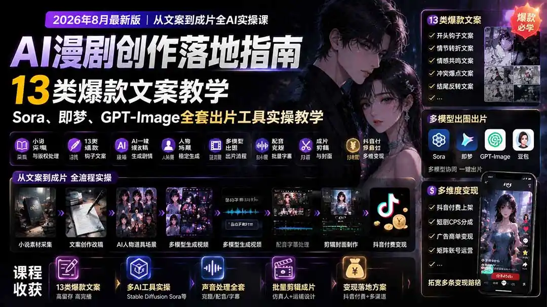 AI漫剧创作落地指南｜13类爆款文案教学，Sora、即梦、GPT-Image全套出片工具实操教学-钱途社
