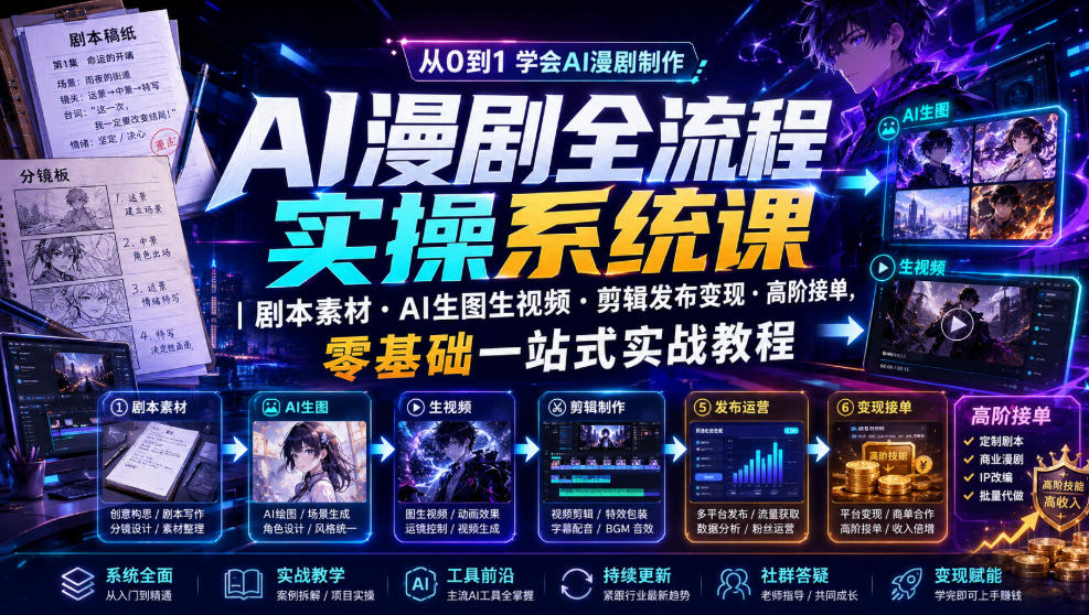 AI漫剧全流程实操系统课｜剧本素材・AI生图生视频・剪辑发布变现・高阶接单，零基础一站式实战教程-钱途社