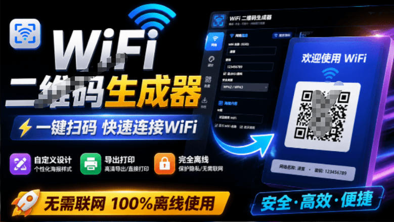 完全离线使用！WiFi二维码生成器，一键扫码快速连接WiFi，支持自定义风格导出WiFi二维码生成器-钱途社