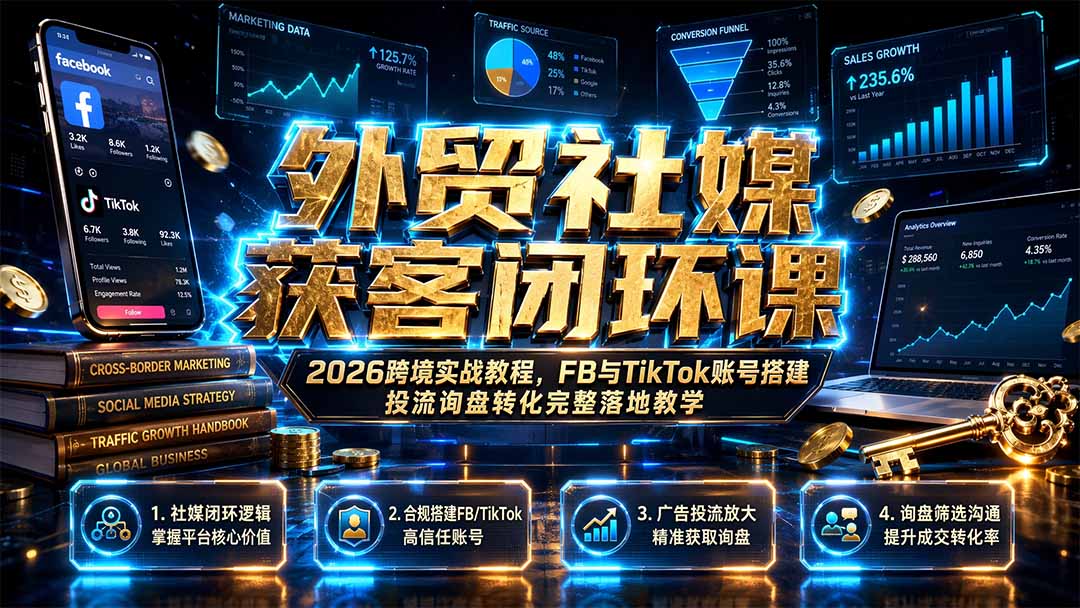 外贸社媒获客闭环课｜2026跨境实战教程，FB与TikTok账号搭建投流询盘转化完整落地教学-钱途社