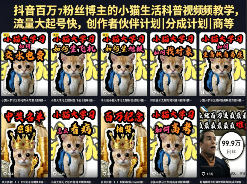 抖音百万粉丝博主的小猫生活科普视频教学,流量大起号快,创作者伙伴计划|分成计划|商单|收徒等-钱途社