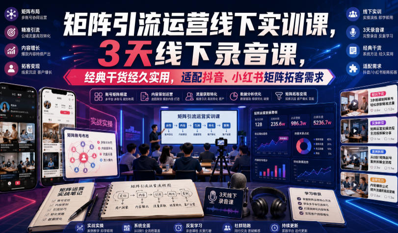 嗨推矩阵引流运营线下实训课，3天线下录音课，经典干货经久实用，适配抖音、小红书矩阵拓客需求-钱途社