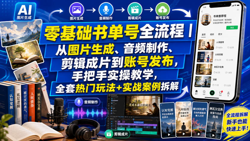 零基础书单号全流程｜从图片生成、音频制作、剪辑成片到账号发布，手把手实操教学，全套热门玩法+实战案例拆解-钱途社
