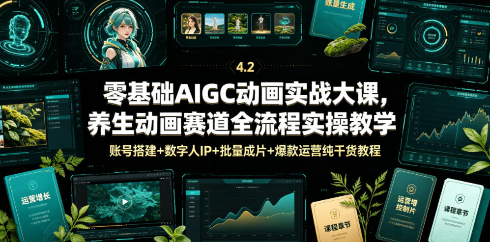 零基础AIGC动画实战大课，养生动画赛道全流程实操教学，账号搭建+数字人IP+批量成片+爆款运营纯干货教程-钱途社