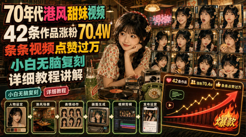 70年代港风甜妹视频，42条作品涨粉70.4W，条条视频点赞过万，小白无脑复刻，详细教程讲解-钱途社