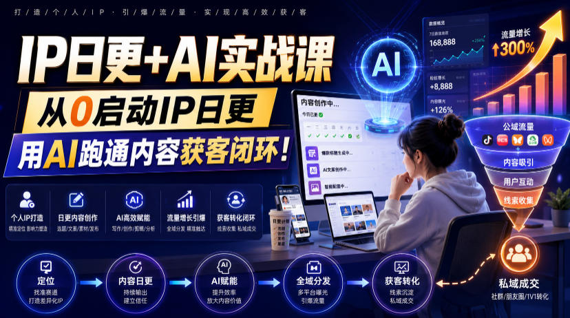 IP日更+AI实战课，从0启动IP日更，IP置顶视频制作+100条选题库搭建+10条日更规划，用AI跑通内容获客闭环!-钱途社