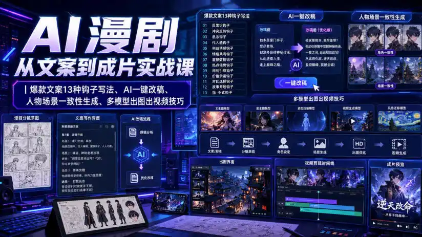 AI漫剧从文案到成片实战课｜爆款文案13种钩子写法、AI一键改稿、人物场景一致性生成、多模型出图出视频技巧-钱途社