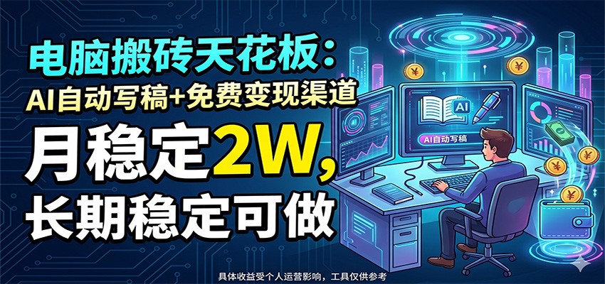 电脑搬砖天花板：AI自动写稿+免费变现渠道，月稳定2W，长期稳定可做-钱途社