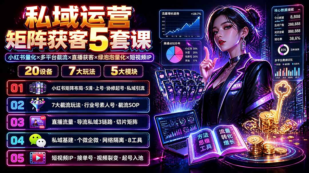 私域运营矩阵获客5套课：小红书量化×多平台截流×直播获客×绿泡泡量化×短视频IP×20设备×7大玩法-钱途社