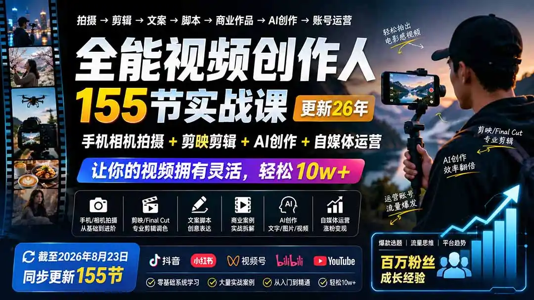 全能视频创作人155节实战课-更新26年8月：手机相机拍摄+剪映剪辑+AI创作+自媒体运营，让你的视频拥有灵活，轻松10w-钱途社
