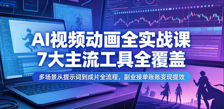 AI视频动画全实战课，7大主流工具全覆盖，多场景从提示词到成片全流程，副业接单账号变现提效-钱途社