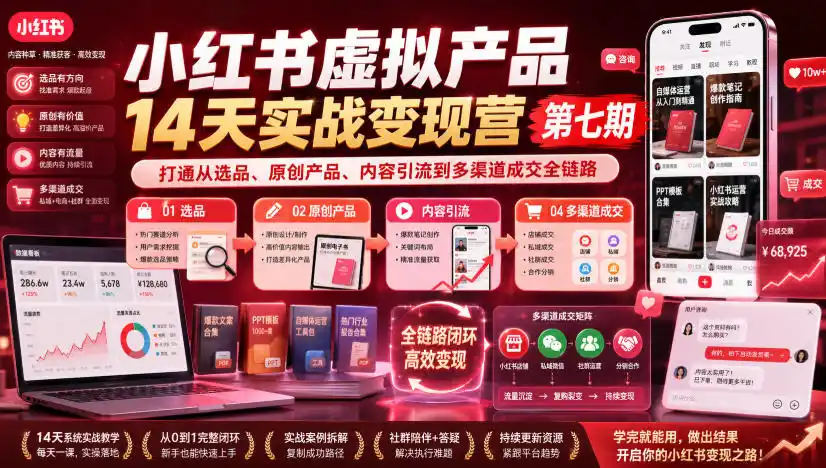 小红书虚拟产品14天实战变现营第七期，打通从选品、原创产品、内容引流到多渠道成交全链路-钱途社
