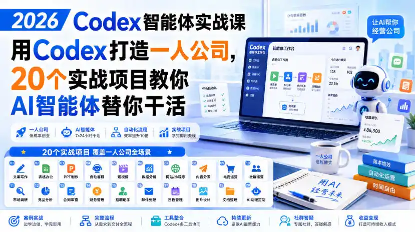 2026 Codex智能体实战课，用Codex打造一人公司，20个实战项目教你AI智能体替你干活-钱途社