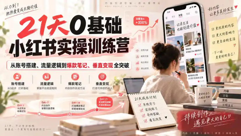 21天0基础小红书实操训练营｜从账号搭建、流量逻辑到爆款笔记、垂直变现全突破-钱途社