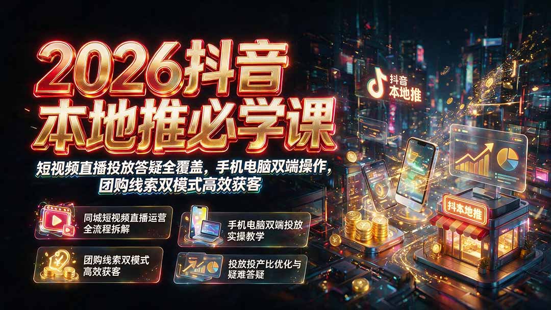 2026抖音本地推必学课｜短视频直播投放答疑全覆盖，手机电脑双端操作，团购线索双模式高效获客-钱途社