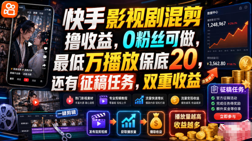 快手影视剧混剪撸收益，0粉丝可做，最低万播放保底20，还有征稿任务，双重收益-钱途社