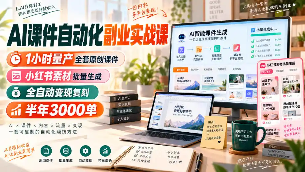 AI课件自动化副业实战课，1小时量产全套原创课件，小红书素材批量生成，全自动变现复刻，半年3000单-钱途社