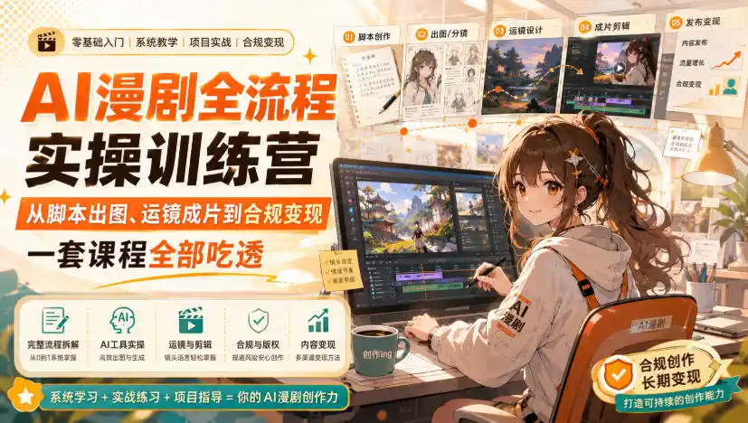AI漫剧全流程实操训练营，从脚本出图、运镜成片到合规变现，一套课程全部吃透-钱途社