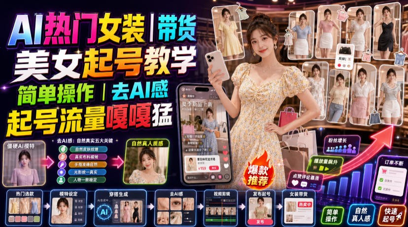 AI热门女装带货丨美女起号教学，简单操作，去AI感，起号流量嘎嘎猛-钱途社