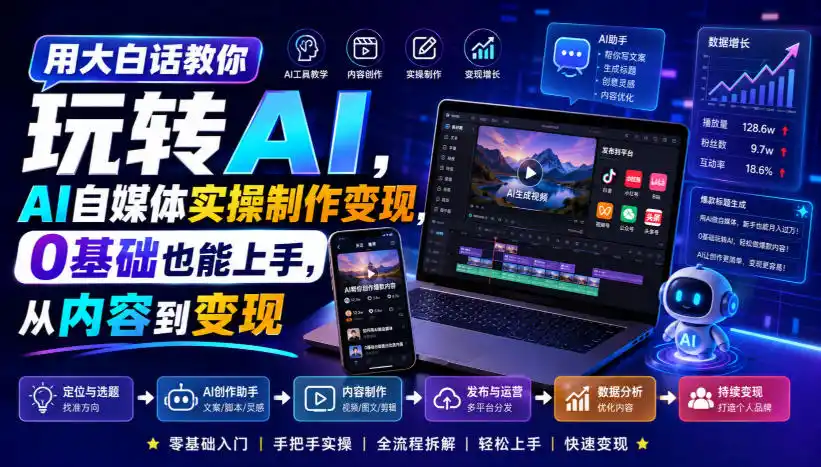 用大白话教你玩转AI，AI自媒体实操制作变现，0基础也能上手，从内容到变现-钱途社