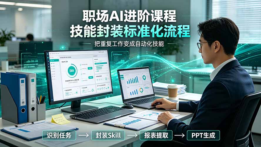职场AI进阶课程；多类实用Skill工具实操，专属技能封装标准化流程，报表行业报告一键提取核心内容-钱途社