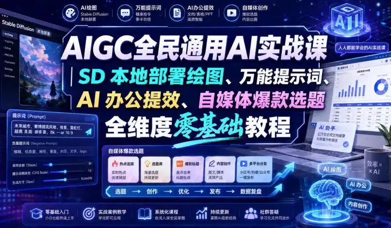 AIGC全民通用AI实战课｜SD本地部署绘图、万能提示词、AI办公提效、自媒体爆款选题全维度零基础教程-钱途社