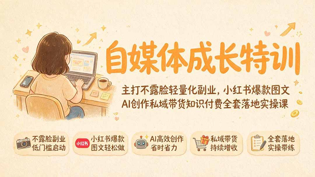 自媒体成长特训｜主打不露脸轻量化副业，小红书爆款图文AI创作私域带货知识付费全套落地实操课-钱途社