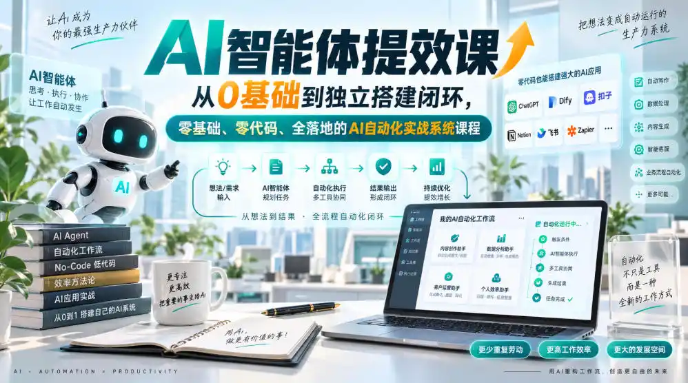 AI智能体提效课，从0基础到独立搭建闭环，零基础、零代码、全落地的AI自动化实战系统课程-钱途社