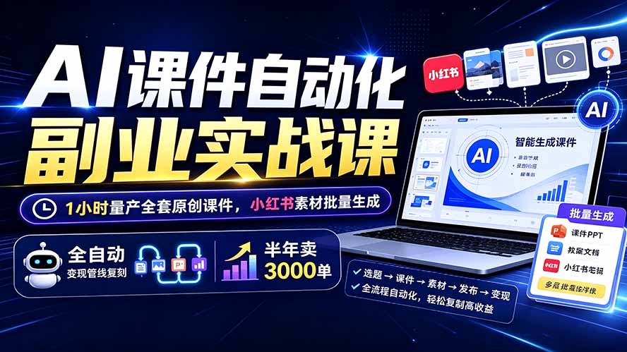 AI课件自动化副业实战课：1小时量产全套原创课件×小红书素材批量生成×全自动变现管线×半年卖3000单-钱途社