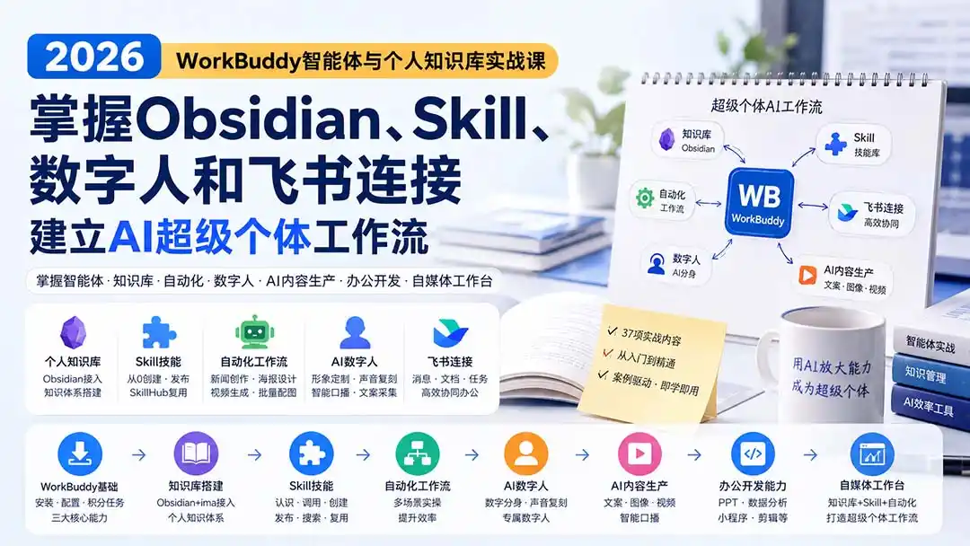 2026 WorkBuddy智能体与个人知识库实战课：掌握Obsidian、Skill、数字人和飞书连接，建立AI超级个体工作流-钱途社