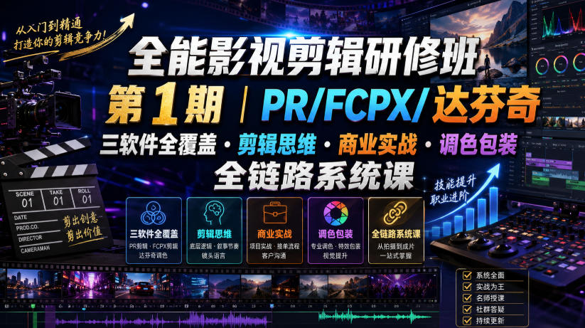 全能影视剪辑研修班第1期｜PR/FCPX/达芬奇三软件全覆盖・剪辑思维・商业实战・调色包装全链路系统课-钱途社