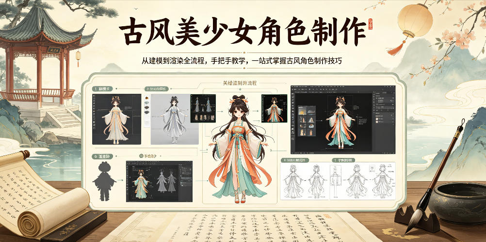 古风美少女角色制作，从建模到渲染全流程，手把手教学，一站式掌握古风角色制作技巧-钱途社