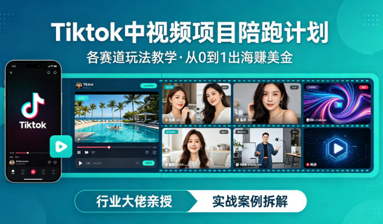 某大佬的Tiktok中视频项目陪跑，涵盖TK各个赛道玩法教学，从0到1出海賺美金-钱途社
