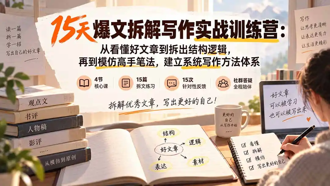 15天爆文拆解写作实战训练营：从看懂好文章到拆出结构逻辑，再到模仿高手笔法，建立系统写作方法体系-钱途社