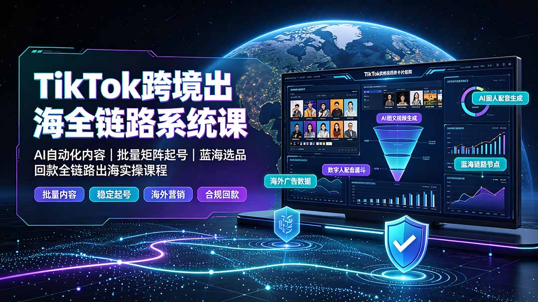 TikTok跨境出海全链路系统课-2026年7月：AI自动化内容｜批量矩阵起号｜蓝海选品回款全链路出海实操课程-钱途社