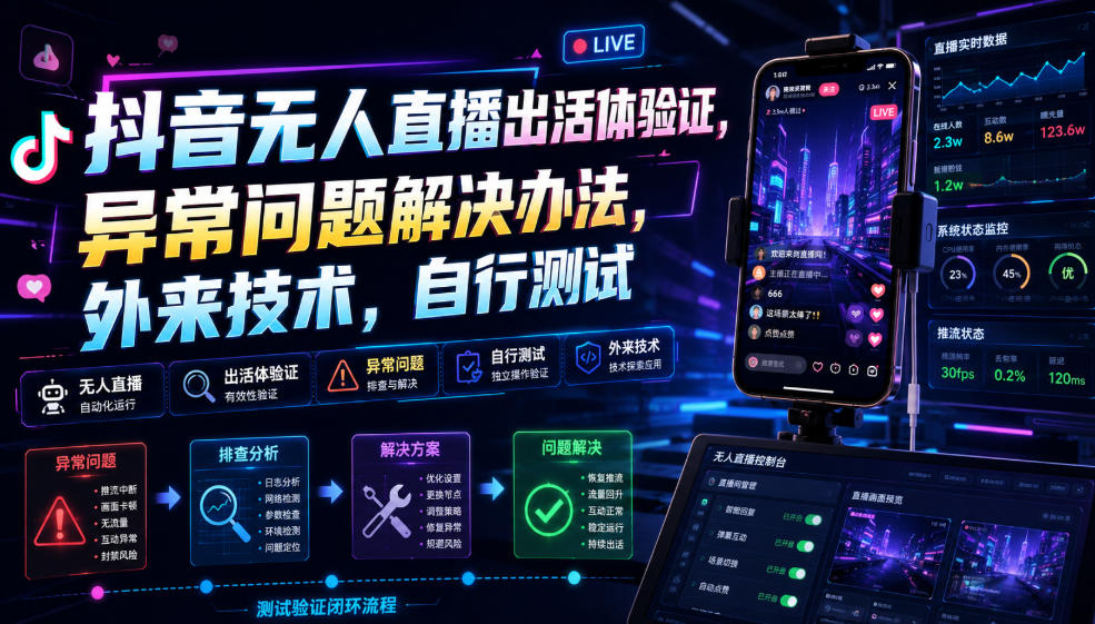 抖音无人直播出活体验证，异常问题解决办法，外来技术，自行测试-钱途社