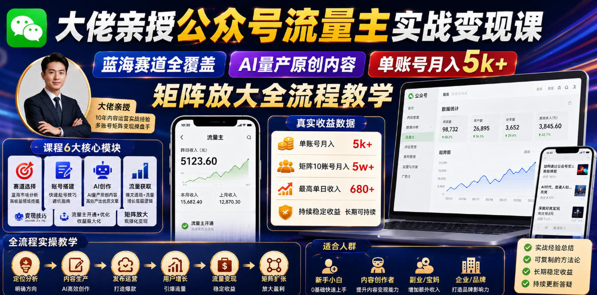 大佬亲授公众号流量主实战变现课，蓝海赛道全覆盖，AI量产原创内容，单账号月入5k+矩阵放大全流程教学-钱途社