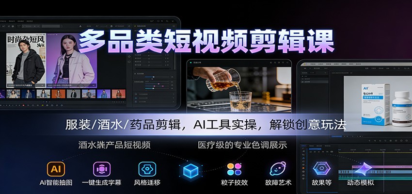 多品类短视频剪辑课：服装/酒水/药品剪辑，AI工具实操，解锁创意玩法-钱途社