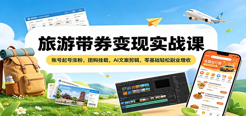 旅游带券变现实战课：账号起号涨粉，团购挂载，AI文案剪辑，零基础轻松副业增收-钱途社