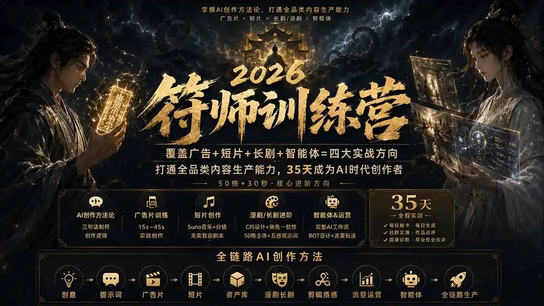 符师训练营-35天成为AI时代创作者，广告+短片+漫剧+智能体四大实战方向，掌握从创意到上线的完整工作流-钱途社
