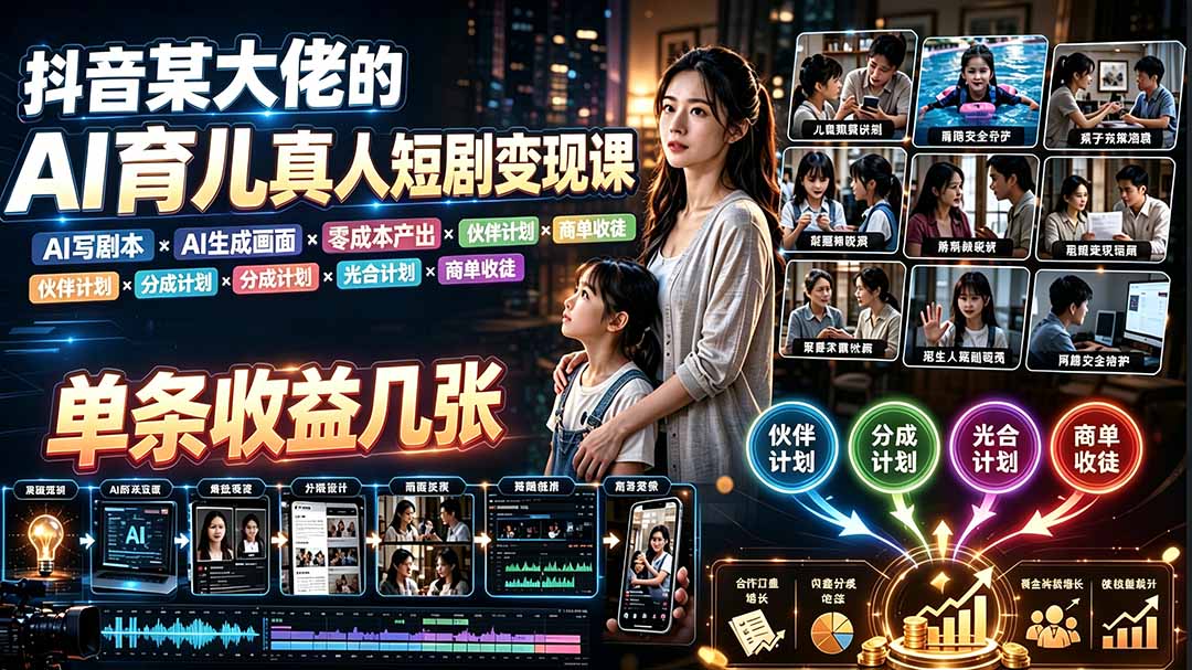 AI育儿真人短剧变现课：AI写剧本×AI生成画面×零成本产出×伙伴计划×分成计划×光合计划×商单收徒-钱途社
