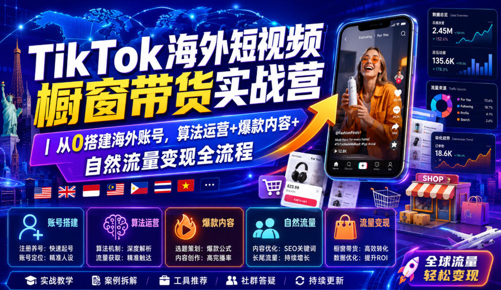TikTok海外短视频橱窗带货实战营｜从0搭建海外账号，算法运营+爆款内容+自然流量变现全流程-钱途社